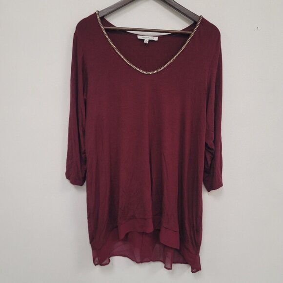Rose + Olive Womens 3/4 Sleeve Sheer Top Size 1X Burgundy Rhinestone Glam Office - Picture 1 of 11